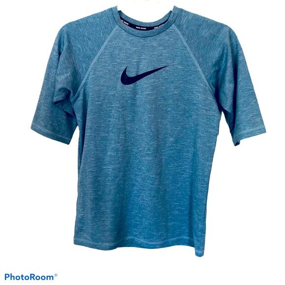 Nike Rash Guard Youth Lg Short Sleeve Summer Vacation Dri Fit Blue Swoosh Surfer - Picture 1 of 5